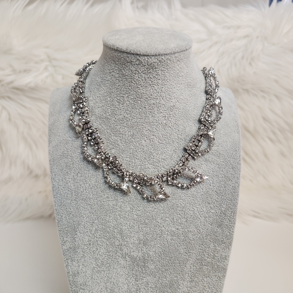 Mid Century Vintage Rhinestone Choker Collar Necklace Art Deco 1960s Costume 60s